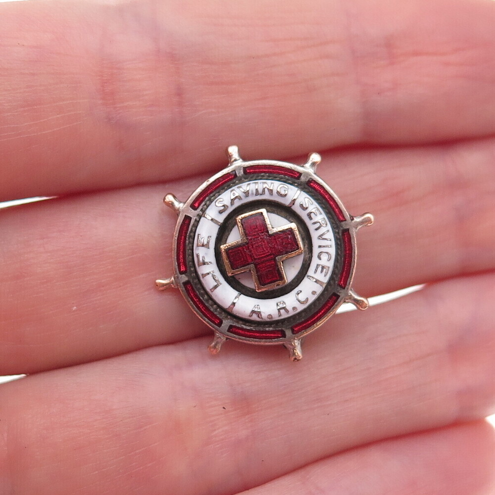 Silver-Tone Antique WWII Enamel American Red Cross Life Saving Service Pin